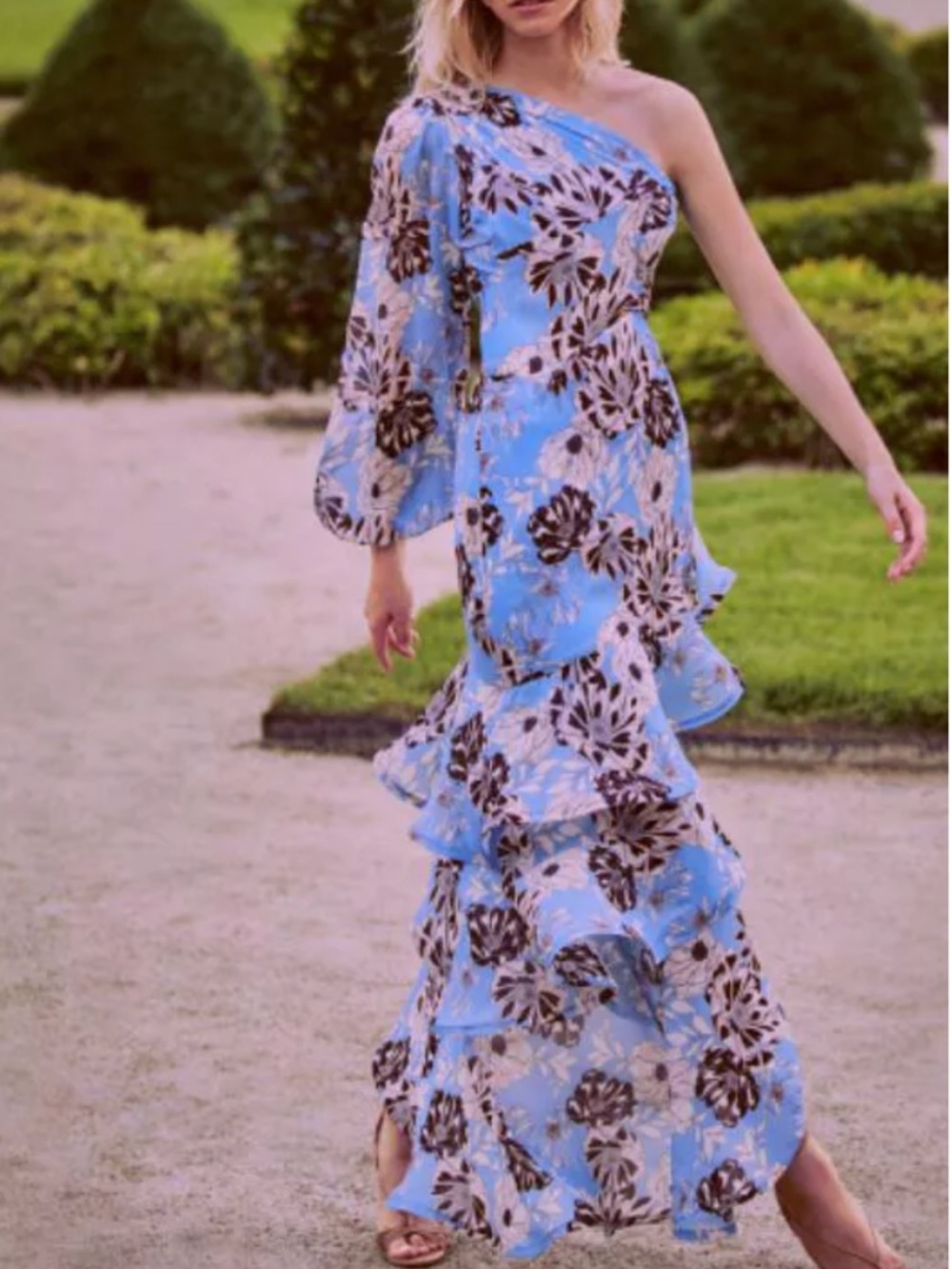ALEXIS Abanna One Shoulder Bloom Blue Floral Maxi Dress Ruffle - Size XS
